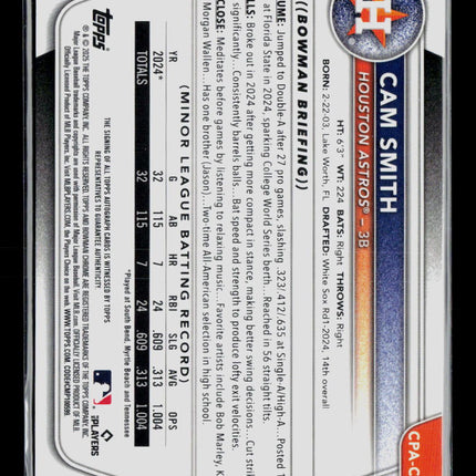 2025 Bowman Chrome Cam Smith #CPA-CSM Orange Shimmer Refractor 09/25 Auto