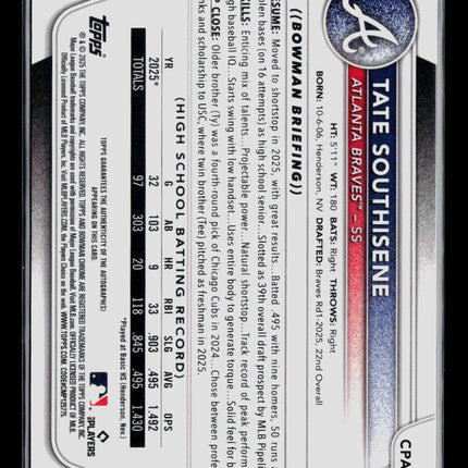 2025 Bowman Chrome Tate Southisene #CPA-TS Blue Shimmer Refractor 114/199 Auto