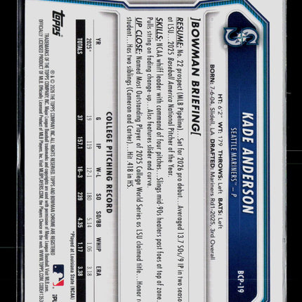 2026 Bowman Chrome Sapphire Edition Kade Anderson #BCP-19 Blue