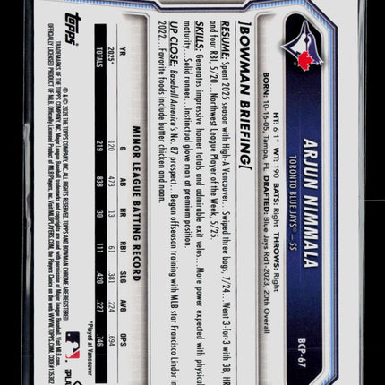 2025 Bowman Chrome Arjun Nimmala #BCP-67 Aqua Shimmer Refractor /125