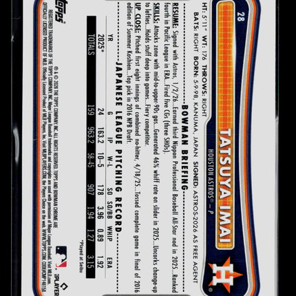 2026 Bowman Chrome Tatsuya Imai #28 RC Red