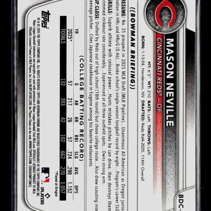 2025 Bowman Draft Chrome Mason Neville #BDC-109 Aqua Reptilian Refractor 062/125