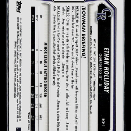 2026 Bowman Chrome Ethan Holliday #BCP-1 Blue 045/150