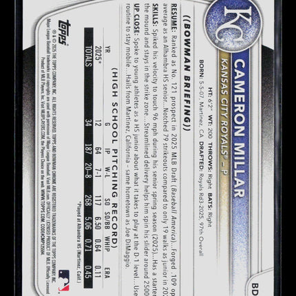 2025 Bowman Draft Cameron Millar #BD-176 Green 75/99 1st Bowman