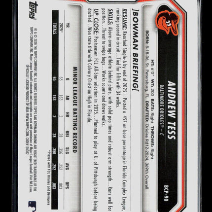 2026 Bowman Chrome Andrew Tess #BCP-90 Refractor