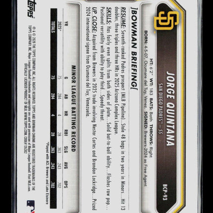 2026 Bowman Chrome Jorge Quintana #BCP-93 Aqua Shimmer Refractor 095/125