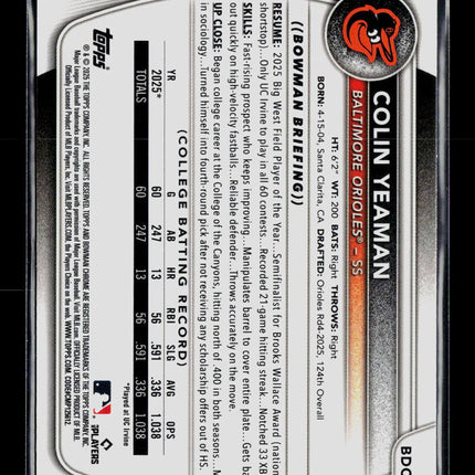 2025 Bowman Draft Chrome Colin Yeaman #BDC-47 1st Bowman 014/125
