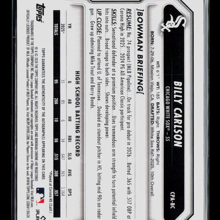 2025 Bowman Chrome Draft Billy Carlson #CPA-BC Purple Refractor 218/250 Auto