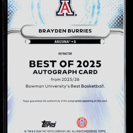 2026 Bowman University's Best Basketball Brayden Burries #BA-BB Refractor Auto