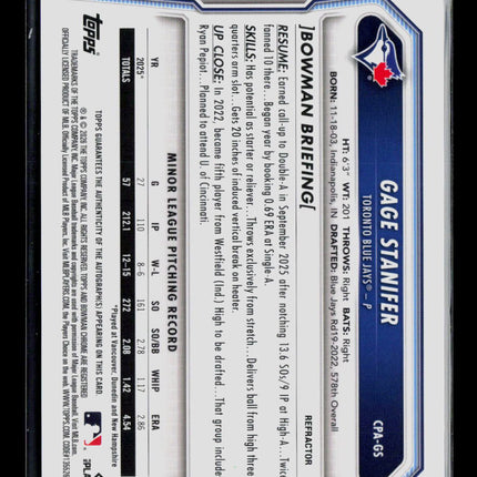 2026 Bowman Chrome Gage Stanifer #CPA-GS Refractor 474/499 Auto