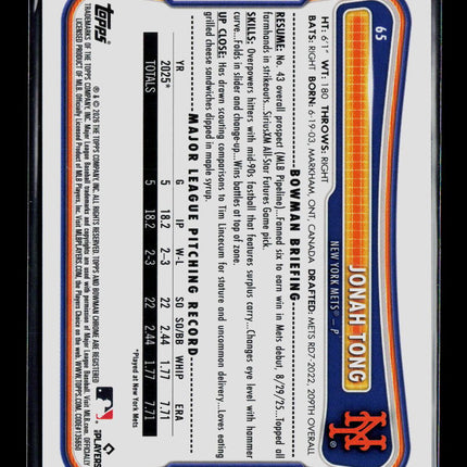 2026 Bowman Chrome Jonah Tong #65 Red RC