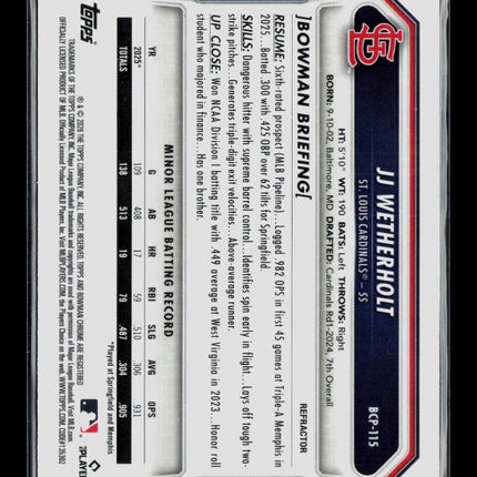 2025 Bowman Chrome JJ Wetherholt #BCP-115 Refractor 020/499