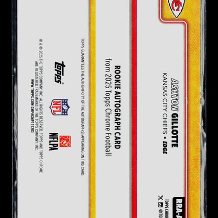 2025 Topps Chrome Ashton Gillotte #RRA-AG Purple 46/75 RC Auto