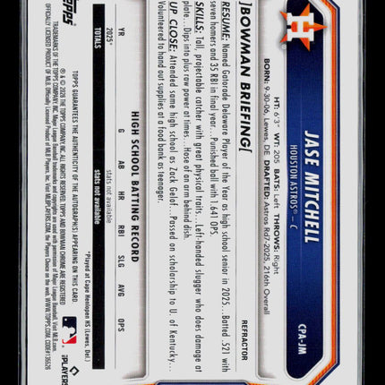 2026 Bowman Chrome Jase Mitchell #CPA-JM Refractor 107/499 Auto
