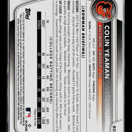 2025 Bowman Chrome Colin Yeaman #BDC-47 Purple Refractor 051/250