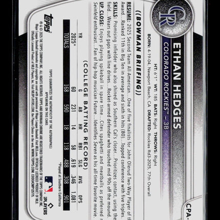 2025 Bowman Chrome Ethan Hedges #CPA-EHE Auto