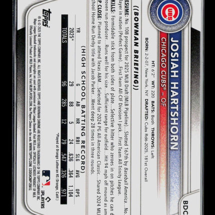 2025 Bowman Draft Chrome Josiah Hartshorn #BDC-21 Orange Refractor 02/25