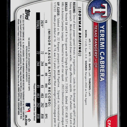 2025 Bowman Chrome Yeremi Cabrera #CPA-YC Auto