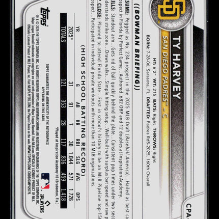 2025 Bowman Chrome Ty Harvey #CPA-TH 1st Bowman Prospect Autograph Auto