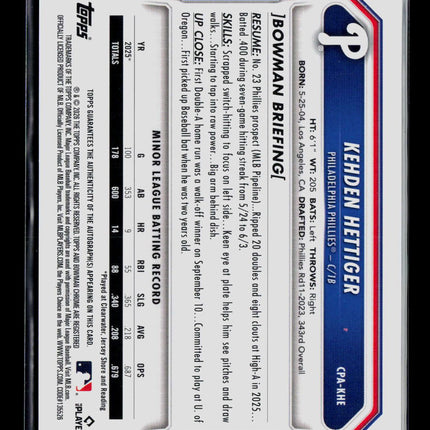 2026 Bowman Chrome Kehden Hettiger #CPA-KHE Auto