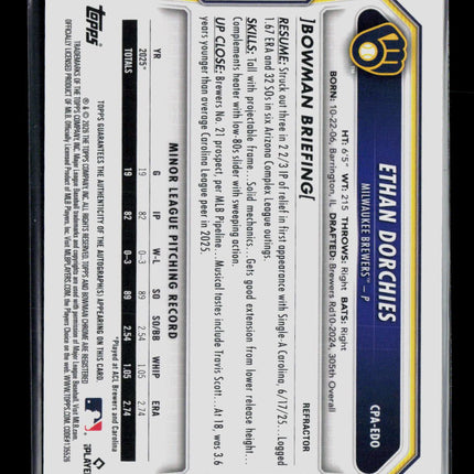 2026 Bowman Chrome Ethan Dorchies #CPA-EDO Refractor 321/499 Auto