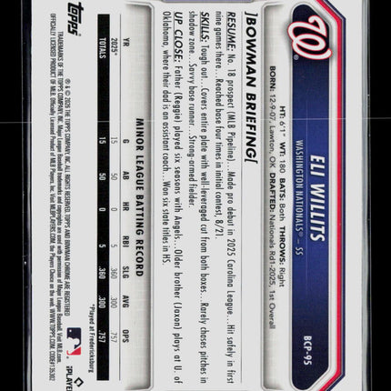 2026 Bowman Chrome Eli Willits #BCP-95 Blue Refractor 021/150