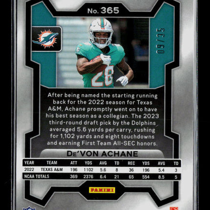 2023 Panini Prizm De'Von Achane #365 Purple Pulsar 09/35 RC