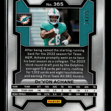 2023 Panini Prizm Football De'Von Achane #365 Green Pulsar RC 34/75