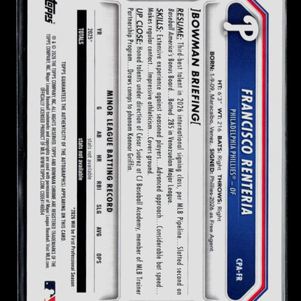 2026 Bowman Chrome Francisco Renteria #CPA-FR Speckle Refractor 036/299 Auto