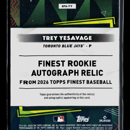 2026 Topps Finest Trey Yesavage #RPA-TY RC Refractor Patch Auto