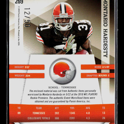 2010 Panini Gridiron Gear Rookie Gems Montario Hardesty #269 12/50 Jersey Ball