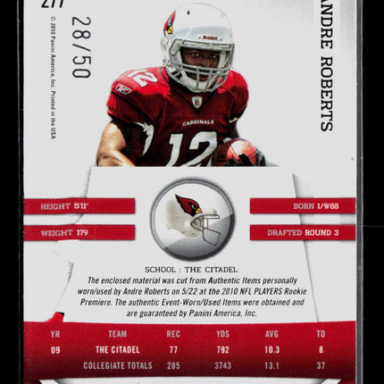 2010 Panini Gridiron Gear Andre Roberts #277 Prime 28/50 Prime Patch