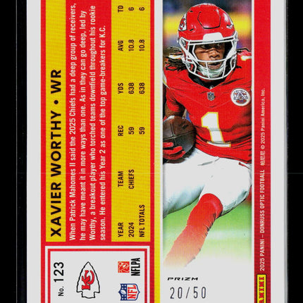2025 Panini Donruss Optic Xavier Worthy #123 Green Prizm 20/50