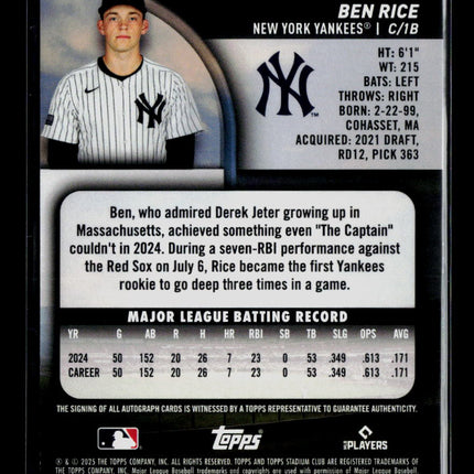 2025 Topps Stadium Club Ben Rice #SCBA-BR RC Auto