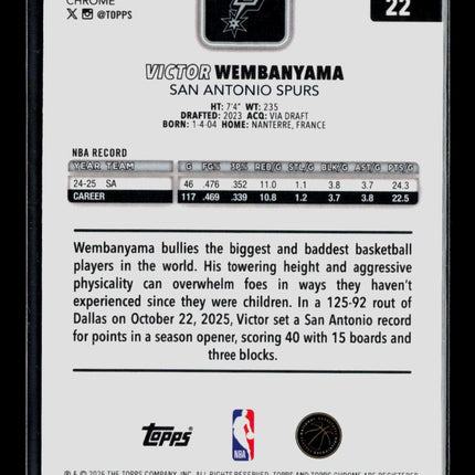 2026 Topps Chrome Victor Wembanyama #22 Skylight