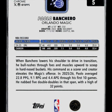 2026 Topps Chrome Paolo Banchero #5 Speckle Refractor Variation