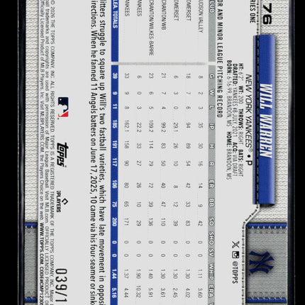 2026 Topps Series One Will Warren #176 Blue /150