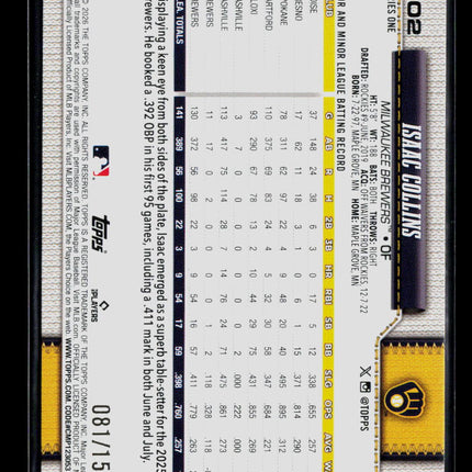2026 Topps Isaac Collins #202 Blue /150