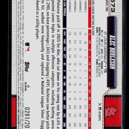 2026 Topps Series Two Alec Burleson #573 Gold /2026