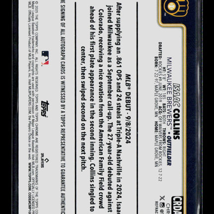2025 Topps Chrome Isaac Collins #CRDA-IC Refractor 300/499 RC Auto