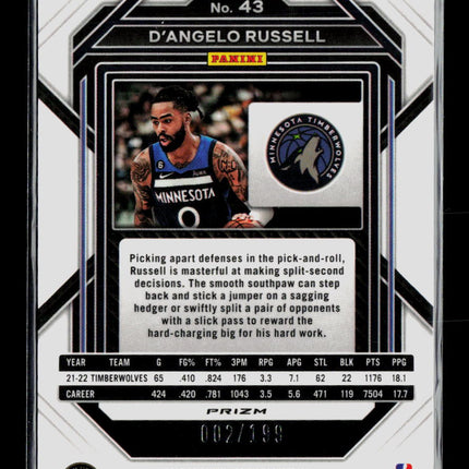 2022 Panini Prizm D'Angelo Russell #43 Blue 002/199