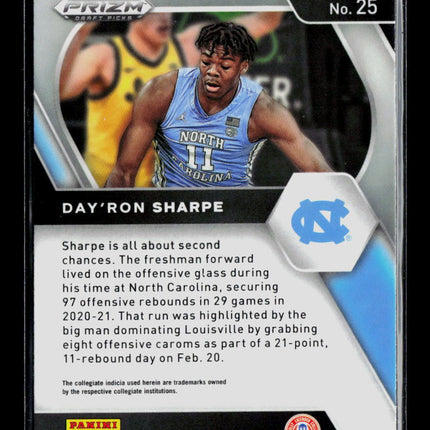 2021 Panini Prizm Draft Picks Day'Ron Sharpe #25 Orange Cracked Ice RC