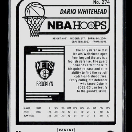 2023 Panini Hoops Dariq Whitehead #274 RC