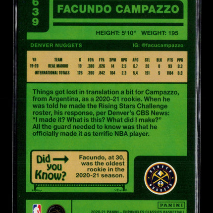2021 Panini Chronicles Classics Facundo Campazzo #639 RC