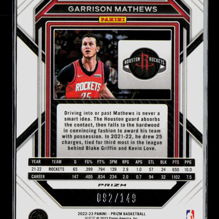 2023 Panini Prizm Basketball Garrison Mathews #188 Purple Ice 092/149