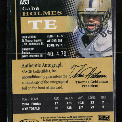 2015 SAGE HIT Gabe Holmes #A53 Auto