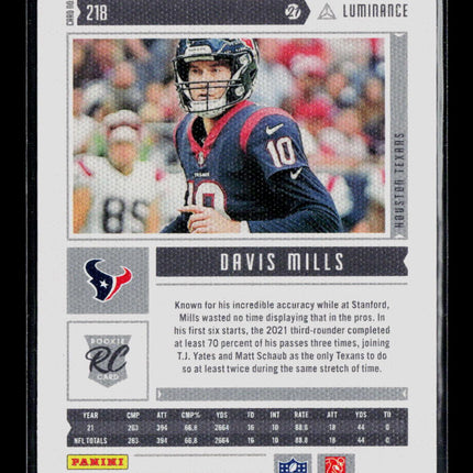 2022 Panini Chronicles Luminance Football Davis Mills #218 RC