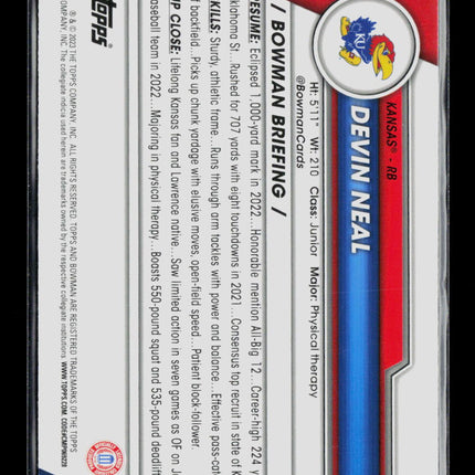 2023 Bowman Chrome University Devin Neal #58 Blue Sapphire Refractor 1st Bowman