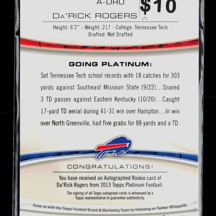 2013 Topps Platinum Football Da'Rick Rogers #A-DRO RC Auto