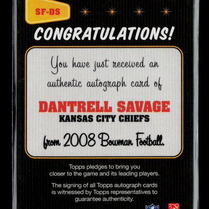 2008 Bowman Football Signs of the Future Dantrell Savage #SF-DS Auto